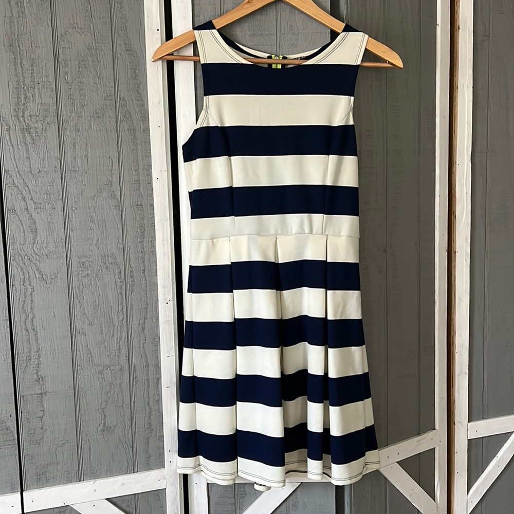 Navy and white striped, pleated dress